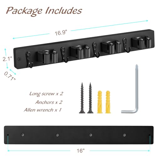 Image of OUTNILI Black Mop Broom Holder Wall Mount with 4 Slots & 4 Hooks - Rustic Wood Broom Mop Hanger for Pantry Closet Laundry Room Organization - Heavy Duty Garden Tool Organizer - Black Kitchen Decor