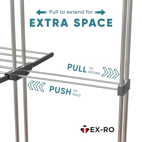 Image of TEX-RO Expandable Clothes Drying Stand for Home|Cloth Dryer Stand with Wheel|Cloth Stand for Drying Clothes Foldable|Stainless Steel Clothes Hanging Stand|Cloth Rack for Balcony(3 Layer, Grey)