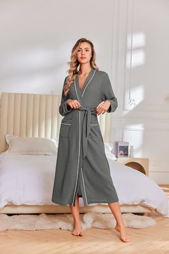 Image of Ekouaer Robes for Women Lightweight Knit Waffle Bathrobe Full Length Kimono Casual Ladies Loungewear