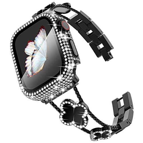 KADES Compatible with Apple Watch Straps 44mm for Women,Bling Diamond Rhinestone Stainless Steel Bracelet with Bling Screen Protective Case for iWatch SE 3 2 1/Series 6 5 4