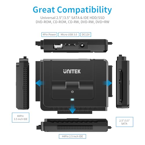 Image of Unitek USB 3.0 to IDE and SATA Converter External Hard Drive Adapter Kit for Universal 2.5 /3.5 HDD /SSD Hard Drive Disk, One Touch Backup Function, Included 12V /2A Power Adapter
