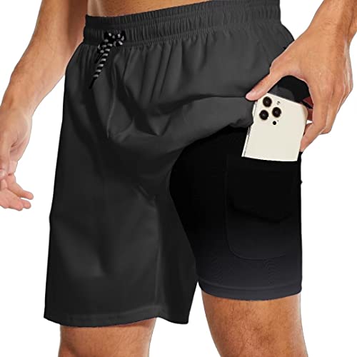 Black Mens Swim Trunks with Compression Liner Men Swimming Trunks Board Shorts Swimwear 7 Inch Inseam2