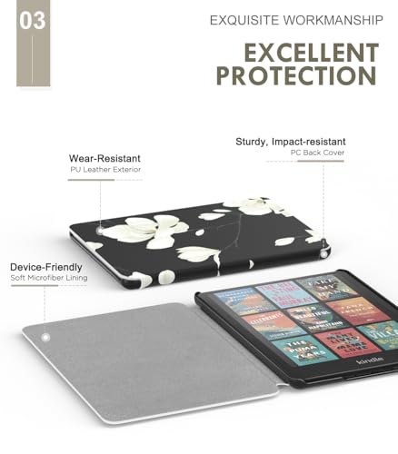MoKo Case for New 7"Kindle Paperwhite 12th Gen 2024&Kindle Colorsoft Signature Edition 2024,Lightweight PU Protective Shell Cover with Auto Wake/Sleep for Kindle Paperwhite 2024,Black & White Magnolia - Image 4