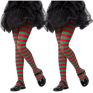 MANZI Girls Colored Striped Tights Halloween Christmas Pantyhose Witch Striped Stockings X-Large Red+green