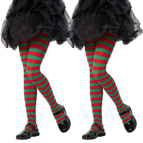 MANZI Girls Colored Striped Tights Toddler Kids Halloween Christmas Costume Pantyhose Witch Striped Stockings 2t-10t Large Red+green