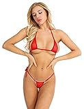 Freebily Damen Micro Bikini Set Sexy Klassischer Triangel Bikinioberteil Niedrige Taille Tanga Bikinihose Set Strand Badebekleidung Rot One Size