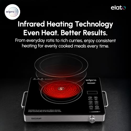 Image of Wipro Elato CIRC201 Infrared Radiant Cooktop 2200W |Works With ALL Cookware - Kadai, Glass, Clay, Aluminium & Steel |Preset Menus, Timer & Overheat Protection |Crystal Glass Top|Black|1 Year Warranty