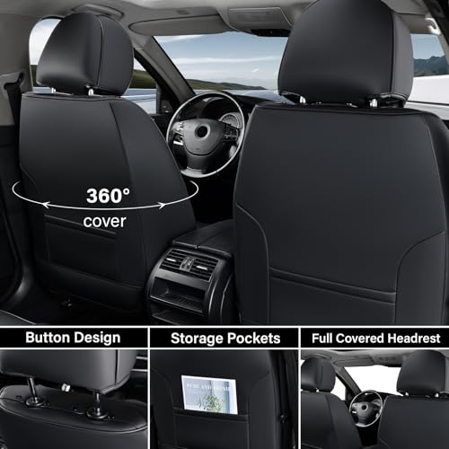 Image of Coverado Seat Covers, Car Seat Covers Front Seats, Waterproof Nappa Leather Auto Seat Cover with Lumbar Head Pillow, Black Gray Seat Covers Carseat Cover Universal Fit for Most Cars