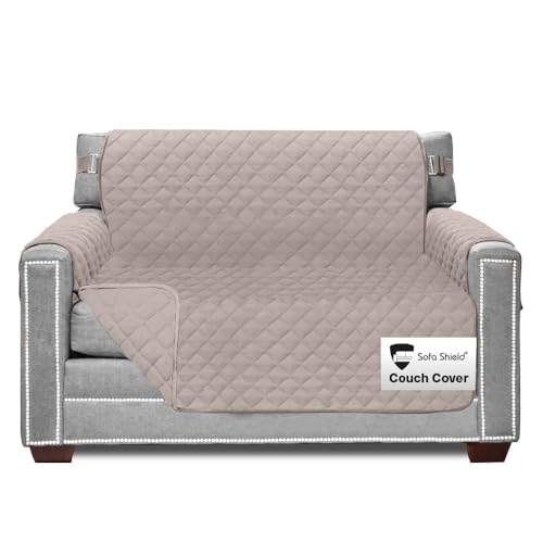 Sofa Shield Armchair Slip Cover with Patented Strap, Cushion Protector, US Designed Reversible Stain and Dog Tear Resistant Slipcover, 48 inch Seat, Washable Covers for Dogs Pets, Light Taupe