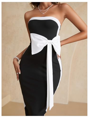 Women's Bow Color Block Maxi Tube Dress Strapless Split Hem Bodycon Cocktail Party Dresses3