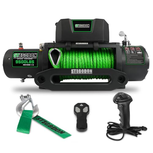 STEGODON Winch 9500 lb Winch 12V Electric Winch Electric Synthetic Rope Winch with Hawse Fairlead,Wireless Remote and Corded Control for Truck SUV