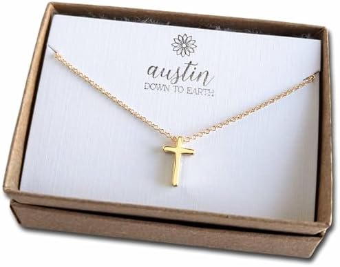 Austin Down to Earth, Tiny Cross Necklace, Simple Gold Cross Necklaces for Women, 14k Gold Filled Ch...