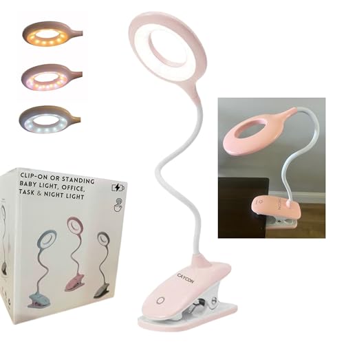 CAYCON Portable LED Clip On Night Light for Babies, Kids & Adults – Dimmable, Rechargeable, 3-Colors for Nursery, Desk, Crib, Diapers, Reading, Feeding, Bedroom, Office, Task, Car, Music, Travel, Gift