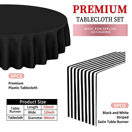 6 Pack Round Plastic Tablecloth 84" Black Disposable Table Covers Waterproof Table Cloths For Round Table And 6 Pack 12"X72" Black And White Striped Polyester Table Runners For Parties Birthday Picnic #TOP1