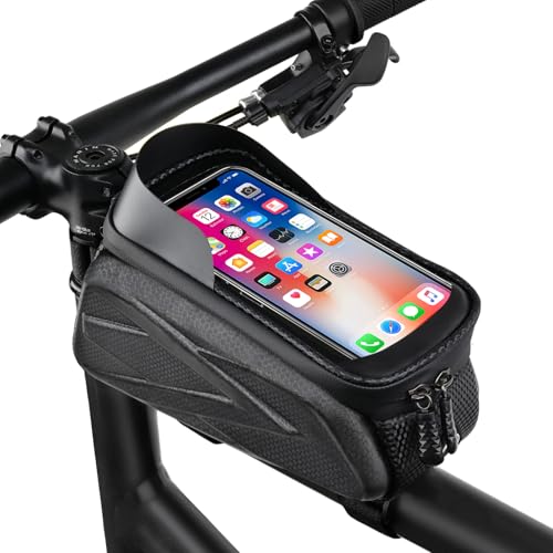 MUEUSS Bike Bag Phone Mount Bag,Top Tube Front Frame Bag,Bicycle Accessories Pouch,EVA Waterproof TPU Touch-Screen for Mountain Road Bike, MTB, E-bikes, Compatible with Phone Under 7 Inches