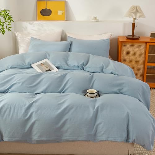 Image of ECOCOTT 100% Washed Cotton Duvet Cover Twin Size - Soft & Breathable Linen Feel Bedding Set, 3 Pieces Light Blue Comforter Cover with Zipper Closure for All Seasons
