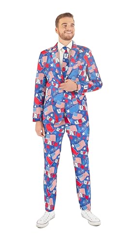 Offstream Men's Party Costumes - USA Patriotic Theme - Slim Fit - Includes Matching Blazer Jacket, Pants & Tie