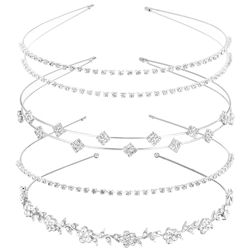 Nogeqi 4 Stück Diadem Hochzeit Strass, Braut Haarschmuck Silber, Bride Haarreif, Haarreifen Damen Elegant mit Kristallen Stirnbänder für Frauen Mädchen (14 Cm)