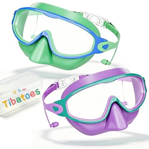 The Tibatoes 2 Pack Clip-On Swim Goggles for Kids 3-14 Anti-Fog Anti-UV Wide View No Leakage Pool Water Swimming Goggles (Green + Purple (Pro) Nose Cover)
