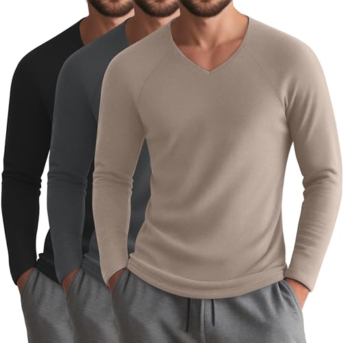 Riyiper 3 Pack Men's Thermal Shirts Long Sleeve V Neck Fleece Undershirts Basic Casual Winter Tops