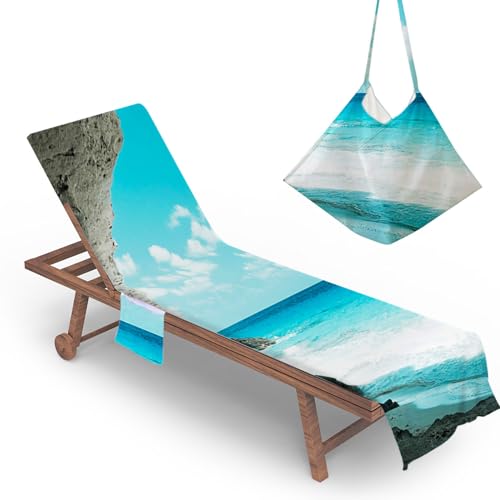 ENEN Serviette pour Transat, Serviette de Plage avec Poche pour Bain de Soleil Chaise, Microfibre Séchage Rapide Housse de Protection pour Chaise Longue de Jardin (Océan,75x210cm)