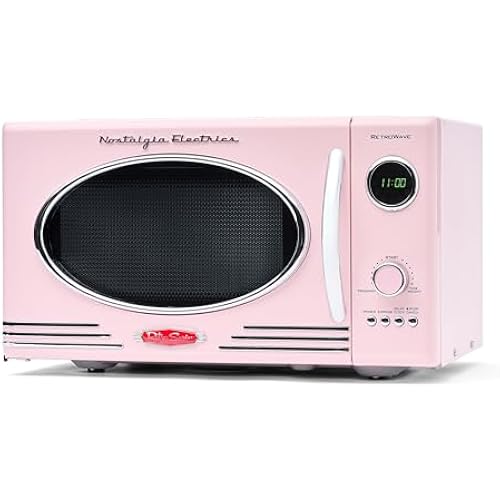 Nostalgia Countertop Microwave Oven with Easy Clean Interior - Retro Microwave with LED Display & Child Lock- Compact 0.9 Cu. Ft. Oven With 12 Pre-Programmed Settings for Quick Cooking- 800-Watts-Pink