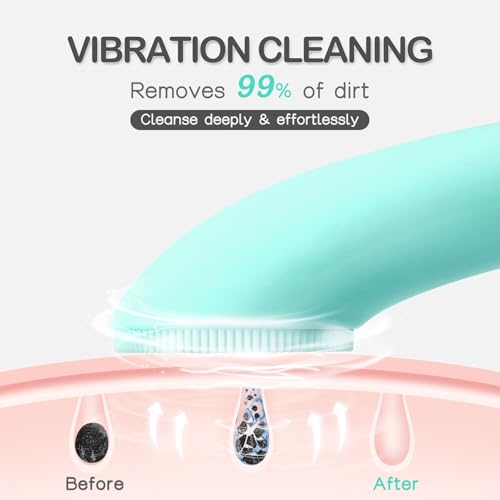 PRITECH Silicone Face Scrubber, Rechargeable Facial Cleansing Brush with Heat Massage End, Vibrating Exfoliator Scrubber for Deep Cleaning, Waterproof Face Brush for Women and Men (Green) - Image 3