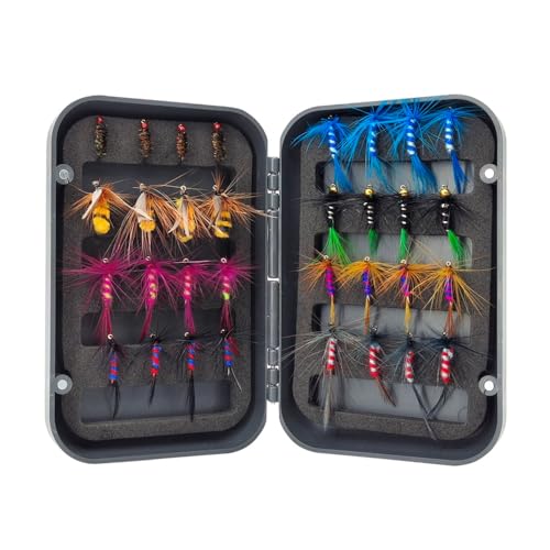 MiOYOOW - 32/48/64 Pièces de Mouches pour la Pêche à la Mouche, Leurres Double Face pour Mouches, Appât pour la Pêche, Sèches et Humides pour Truites, Bars, Truites Arc-en-Ciel