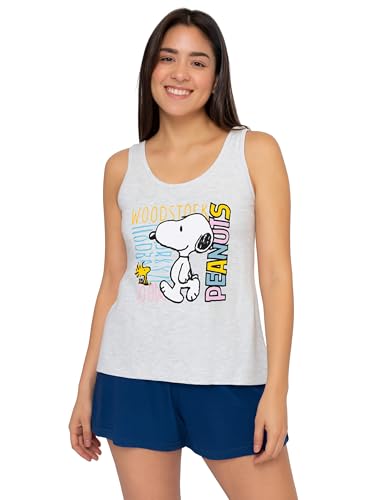The Peanuts Snoopy Schlafanzug für Damen - Pyjama Set ohne Ärmel Tanktop Oberteil mit Shorts Grau/Blau (DE/NL/SE/PL, Alphanumerisch, S, Regular,...