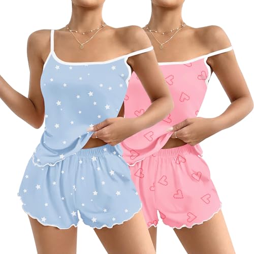 Image of Ekouaer 2 Pack Womens Cami Pajama Sets Cute Print Tank Top Pjs and Shorts Camisole Lounge Set