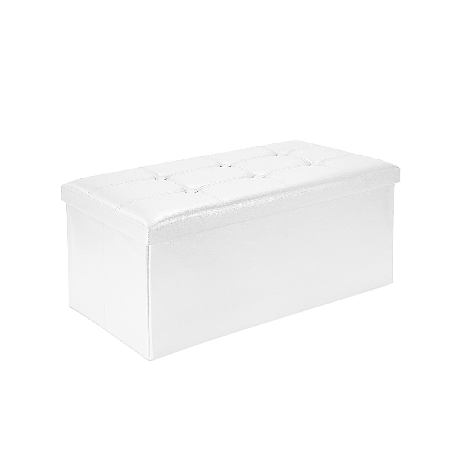 Todeco Taburete para Almacenaje Plegable Baúl Puff, Talle Grande Capacidad Banco Almacenaje Baul Almacenaje Otomano-Carga máxima: 150 kg-Material: Imitación de Cuero, 76 x 38 x 38 cm, Blanco