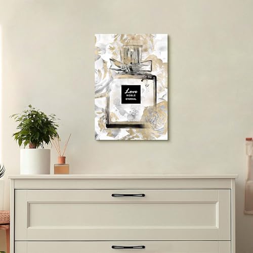Image of HILL WEST Fashion Glam Wall Art - Perfume Bottle Canvas Picture Elegant Gold Floral Painting Contemporary Prints Modern Artwork for Girls Makeup Room Bedroom