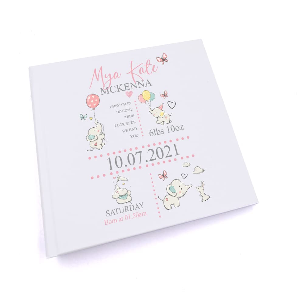 Ukgiftstoreonline Women's White Personalised Baby Girl Elephants Design Photo Album
