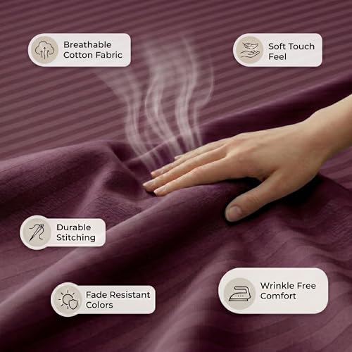 Image of Mafatlal Italian Strip King Size Bed Sheet with 2 Pillow Covers Pure Cotton | 210 TC Flat Bedsheet Red | 108 x 108 Inches | Luxury & Breathable Fabric
