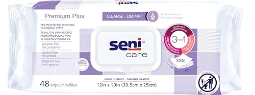 Seni Care Premium Plus XXXL (12" x 10"), Pre-Moistened Personal Cleansing Wipes for Large Surfaces, 576 Count (12 Packs of 48 Wipes), Disposable