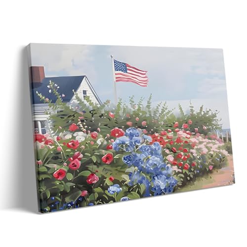 Image of Independence Day Canvas Wall Art, USA Garden with Flag Roses in Bloom Print, Memorial Day and Summer Porch Floral Print Poster Framed Oil Painting for Country Porch or Living Room 20x24inch