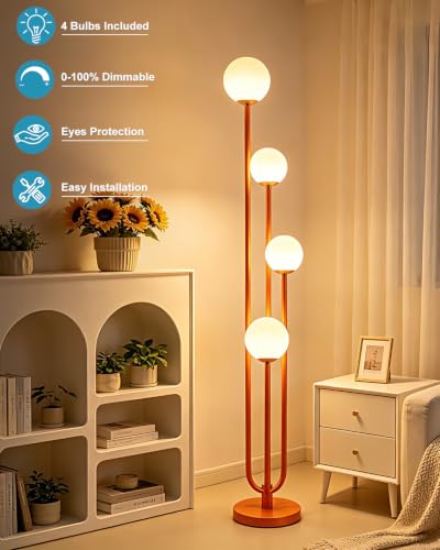Image of Lightdot Orange Globe Floor Lamp 4-Lights Dimmable Floor Lamps with 3000K Bulbs Included Unique Mid Century Modern Tall Standing Lamp with 5Lbs Heavy Base for Living Room /Bedroom /Sofa Beside