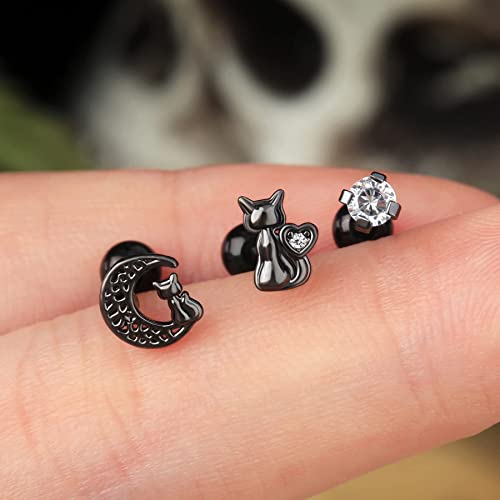 Jewseen 16G Cartilage Earring Moon Cat Conch Earring 316L Stainless Steel Helix Earring 3Pcs Tragus Earrings Ghost Piercing Jewelry For Halloween Day #TOP3