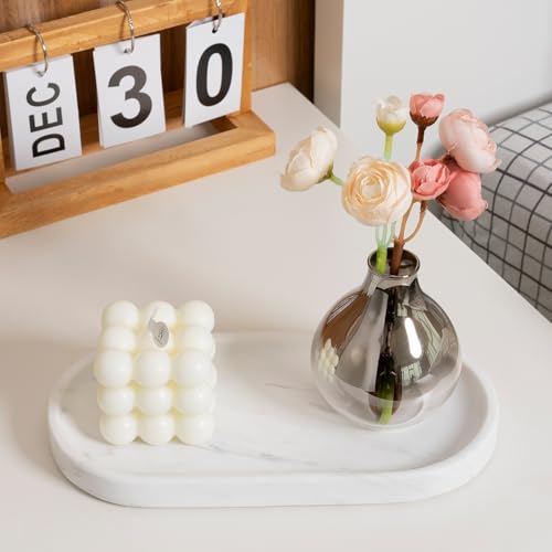 Image of Koville White Marble Oval Tray for Bathroom Countertop, 10 inch x 5 inch Natural Marble Vanity Trays, Stone Perfume Organizer Tray for Decor, Jewelry Dish Perfume Trays for Dresser
