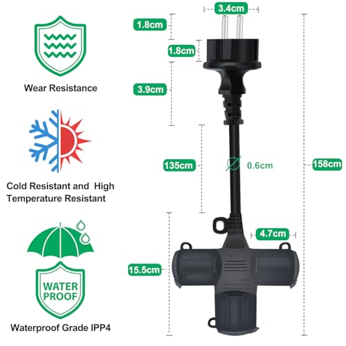 Rallonge electrique exterieur IP44 Schuko extension socket noire 1.5m