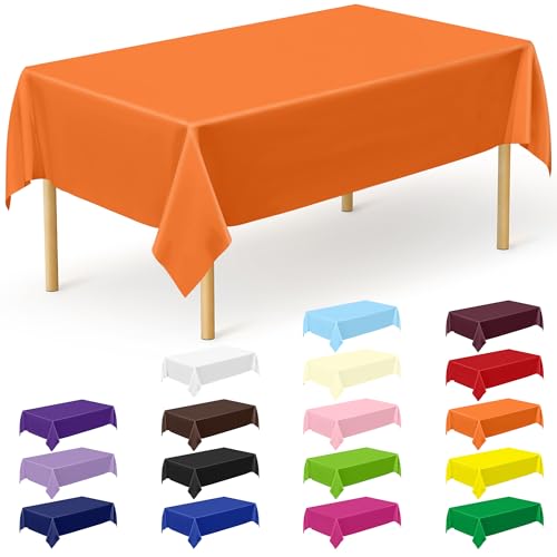 Image of QZYL 12 PCS Orange Rectangle Table Cover, Disposable Plastic Table Cloth Rectangle, 54 X 108 in Decorative Smooth Table Cloth for Picnic Table Birthday Parties Weddings Outdoor Celebrations