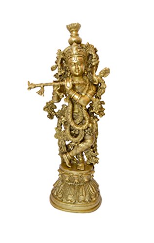 Image of Two Moustaches Brass Murli Krishna Statue, Standard, Yellow, Pack of 1