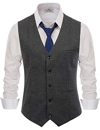 Pj Paul Jones Mens Herringbone Wool Tweed Vest Western V Neck Slim Fit Suit Vest Dark Gray L #TOP1