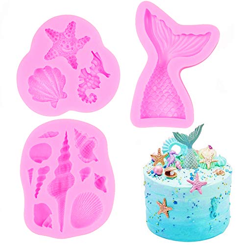 SAKOLLA Mermaid Theme Silicone Fondant Mold - Mermaid Tail Seashell Starfish Hippocampus Conch Silicone Mold for Under The Sea Cake Decoration Gum Paste Polymer Clay Cupcake Decor Sugar Craft