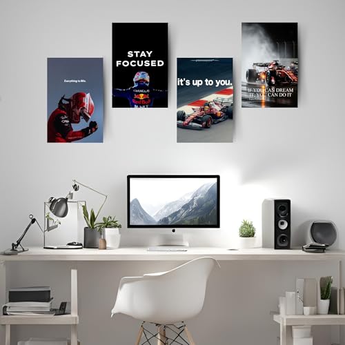 Image of Posters Inc Sports F1 Cars Motivational Posters for Wall A4 Size Aesthetic Setup 300 GSM Matte Paper Pack of 6 Automotive Motorsport Decor for Boys Gaming Room, Bedroom, Home & Office with Adhesive