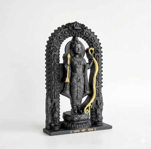 Image of Ram Lalla Idol with Temple Arch Design, Black & Gold Finish Religious Statue, Jai Shri Ram Decorative Figurine for Home Temple, Puja Room, Car Dashboard, Office Desk & Spiritual Gift