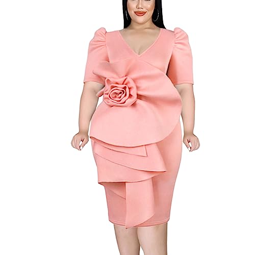 ONTINVA Women V-Neck Flower Short Sleeve Ruffle Formal Party Dress Work Office Cocktail Dresses