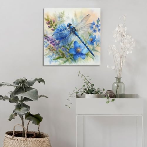 Impression sur toile libellule cadre décoration murale fleurs bleues