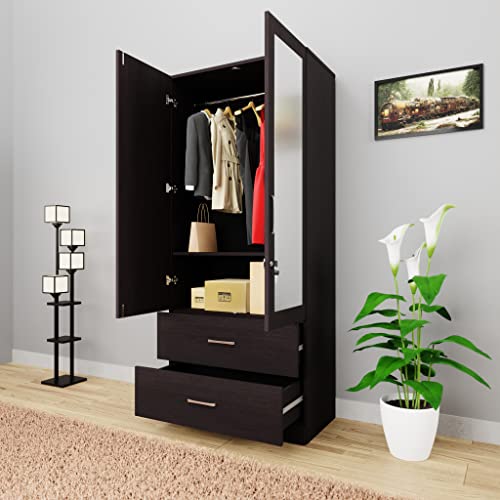 Image of VIKI Wardrobe | Wooden Almirah for Clothes,Door for Bedroom, 2 Door Wardrobe with Drawer, Mirror & Hanging Space (Dark Wenge - 40D x 80W x 180H) | 1 Year Warranty | Free Assembly