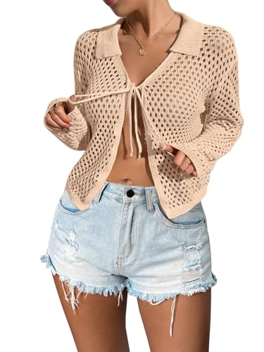 Image of Womens Tie Front Crochet Cardigan Sweaters Lightweight Hollow Out Beach Cover Up Long Sleeve Collared Summer Shrug